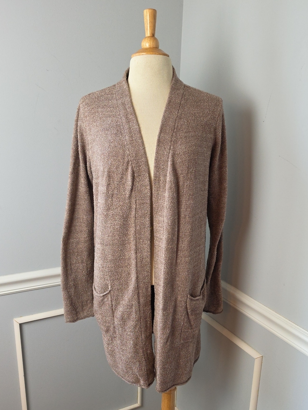 BAREFOOT DREAMS CozyChic Lite Brown Open Cardigan Patch Pockets‎ Soft Sweater L